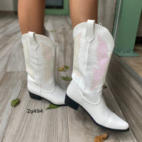 Bota texana blanco detalles tornasol tacon 4cm CYM038  C-T