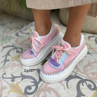 Tenis rosado tejido detalles colores plataforma 6cm  EV-298  C-74