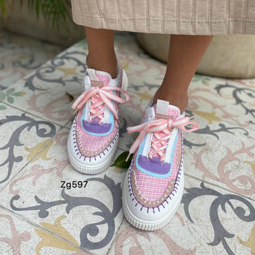 Tenis rosado tejido detalles colores plataforma 6cm  EV-298  C-74