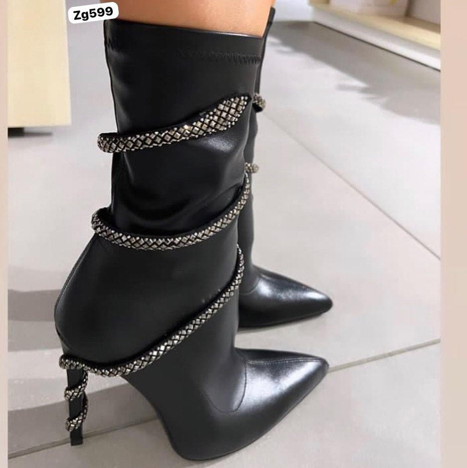 Bota negro apliques plateado tacon puntilla 12cm  K81  C-80