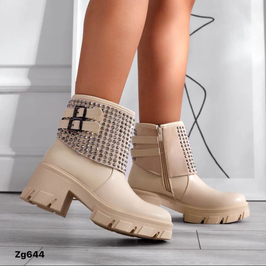 Botin beige doblez apliques plateado tacon 6cm  S185   C-52