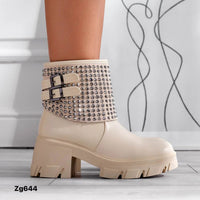 Botin beige doblez apliques plateado tacon 6cm  S185   C-52