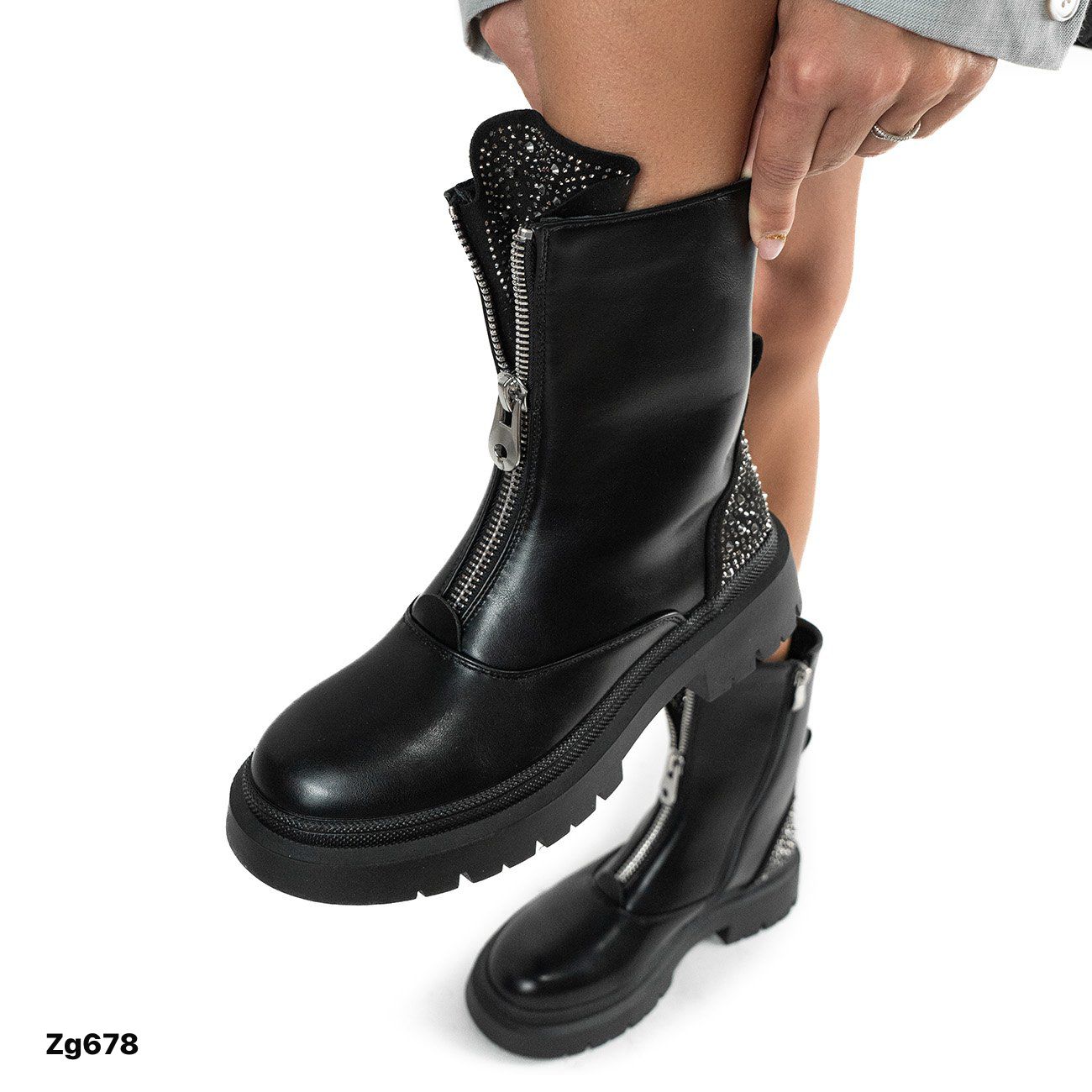 Botin negro apliques brillantes cierre frontal suela 4cm  52020   C-68