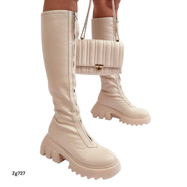 Bota caña alta beige cierre frontal suela 7cm   JJ49  C-69