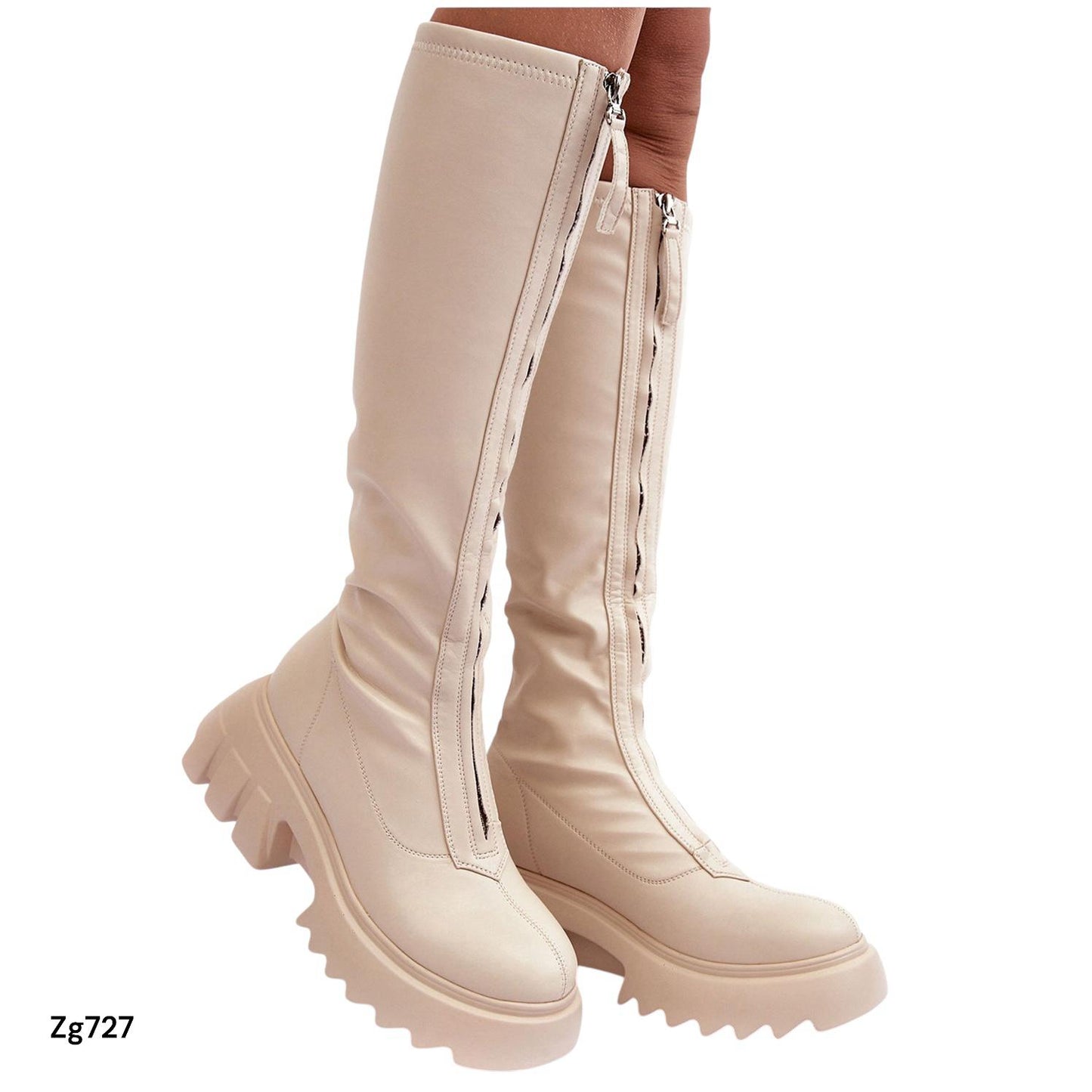 Bota caña alta beige cierre frontal suela 7cm   JJ49  C-69