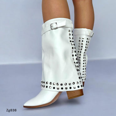 Bota blanco caña media doblez apliques plateado tacon 7cm  AA8D-X23051-01  C-2