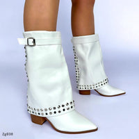 Bota blanco caña media doblez apliques plateado tacon 7cm  AA8D-X23051-01  C-2