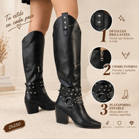 Bota texana negro detalle correas apliques plateado tacon 8cm  HX3086-C1079