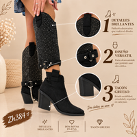 Bota texana negro doblez apliques brillantes hebilla y cadena plateado tacon 8cm  HX3213-C1343