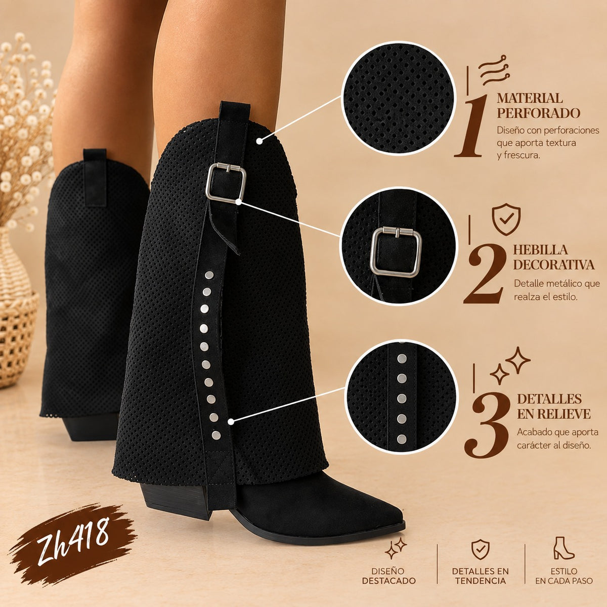 Bota texana negro doblez detalle malla apliques plateado tacon 7cm   G715  C-141