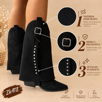 Bota texana negro doblez detalle malla apliques plateado tacon 7cm   G715  C-141