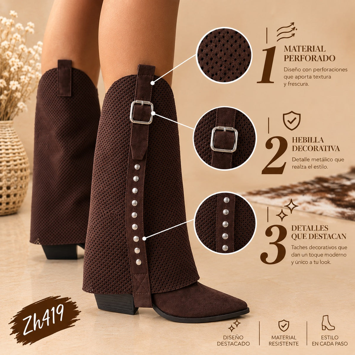 Bota texana café oscuro doblez detalle malla apliques plateado tacon 7cm   YY-93    C-141