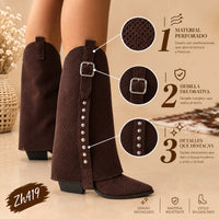 Bota texana café oscuro doblez detalle malla apliques plateado tacon 7cm   YY-93    C-141