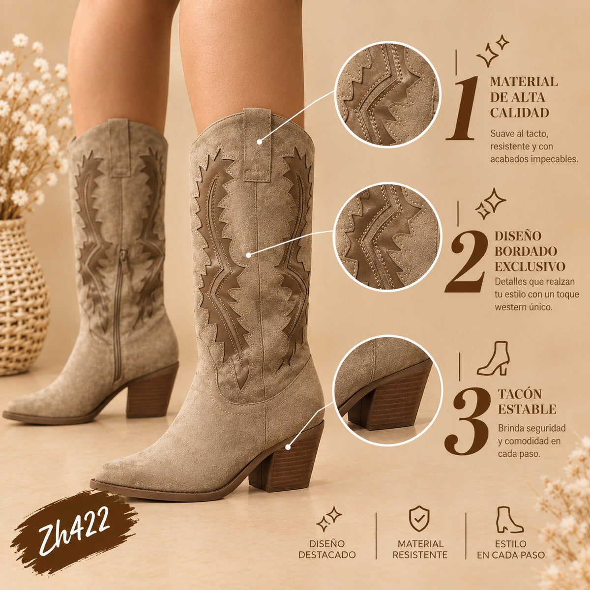 Bota texana beige detalles  tacon 6cm  A9998  C-141