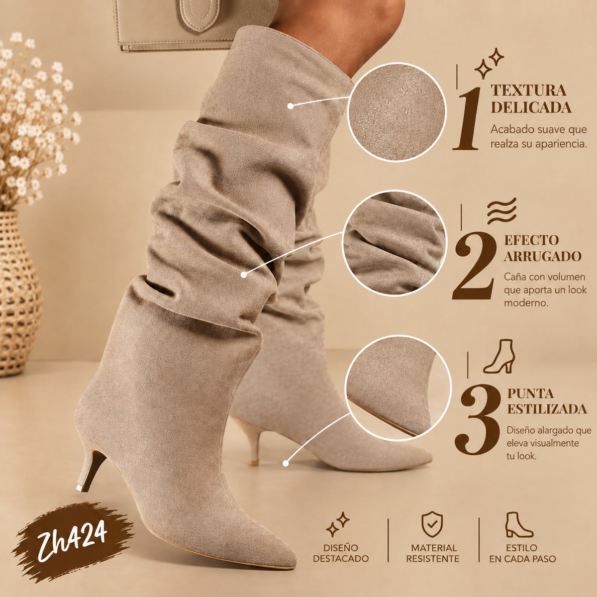 Bota caña alta beige tacon 7cm  A9811  C-141