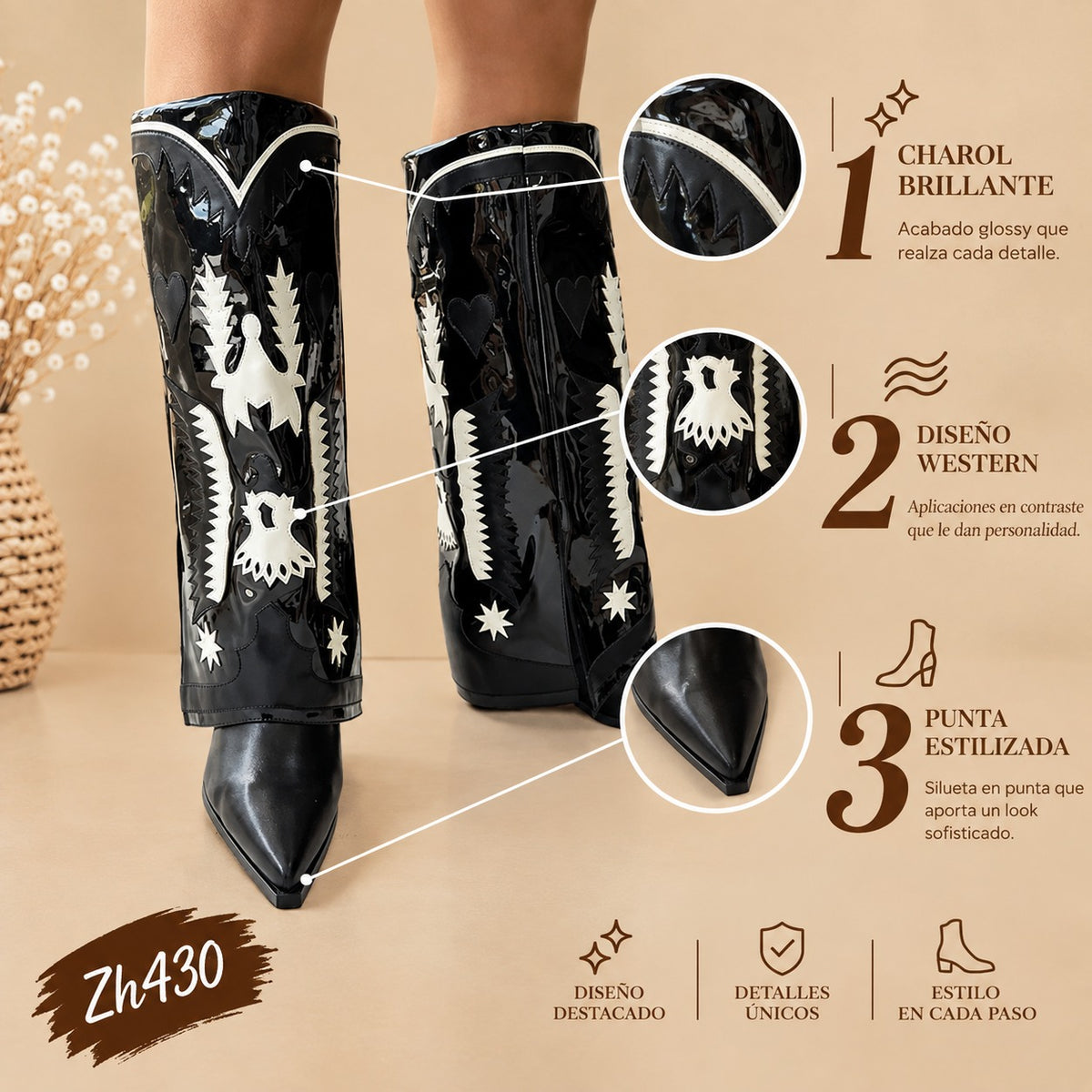 Bota texana negro doblez detalles blanco tacon 8cm  HX3198-C1300A