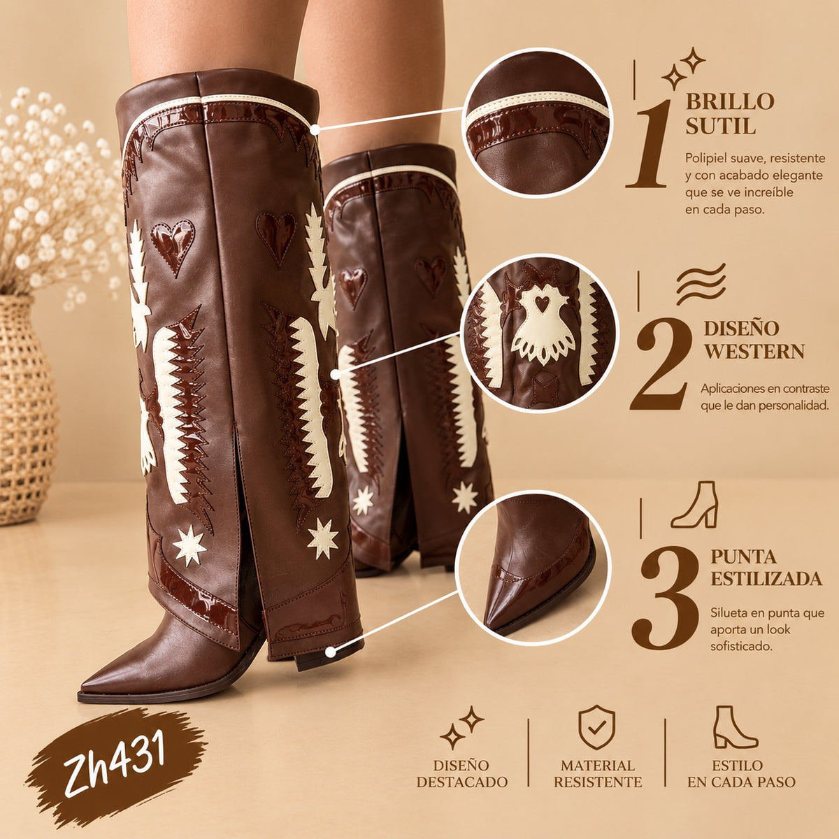 Bota texana cafe doblez detalles blanco tacon 8cm  HX3198-C1300A