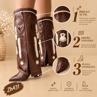 Bota texana cafe doblez detalles blanco tacon 8cm  HX3198-C1300A