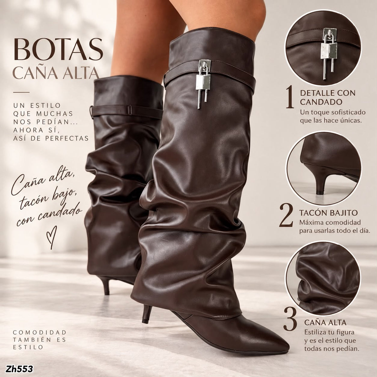 Bota caña alta café doblez detalle plateado tacon puntilla 6cm  HX3392-B0227