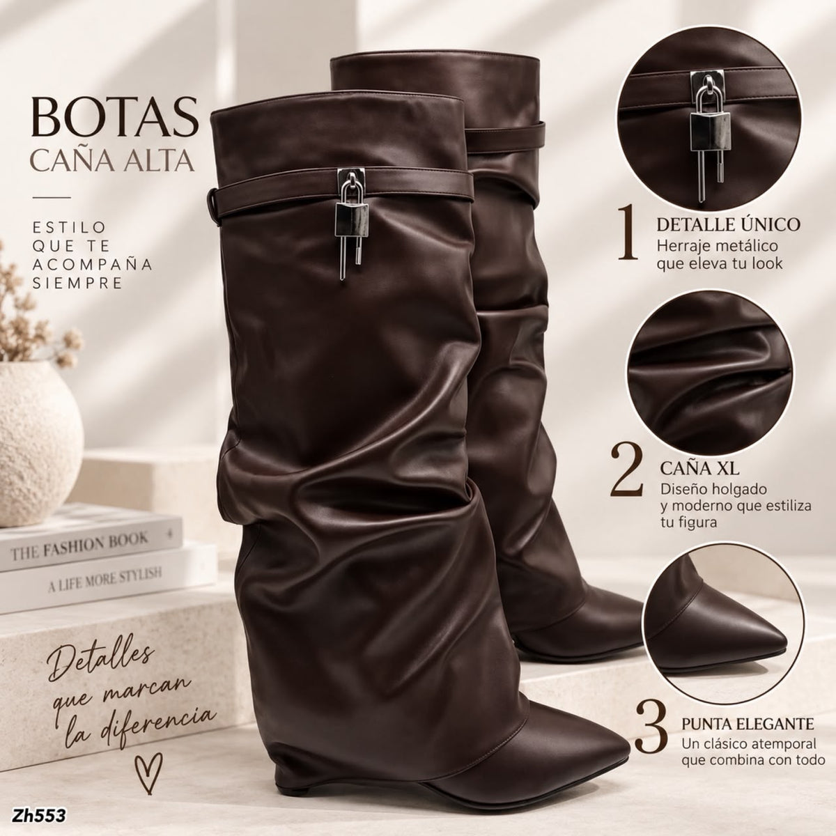 Bota caña alta café doblez detalle plateado tacon puntilla 6cm  HX3392-B0227
