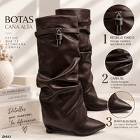 Bota caña alta café doblez detalle plateado tacon puntilla 6cm  HX3392-B0227