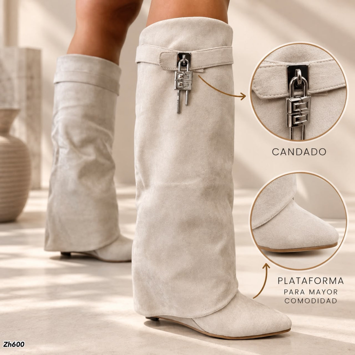 Bota caña alta beige doblez detalle plateado tacon corrido 9cm   HX2697-C1179
