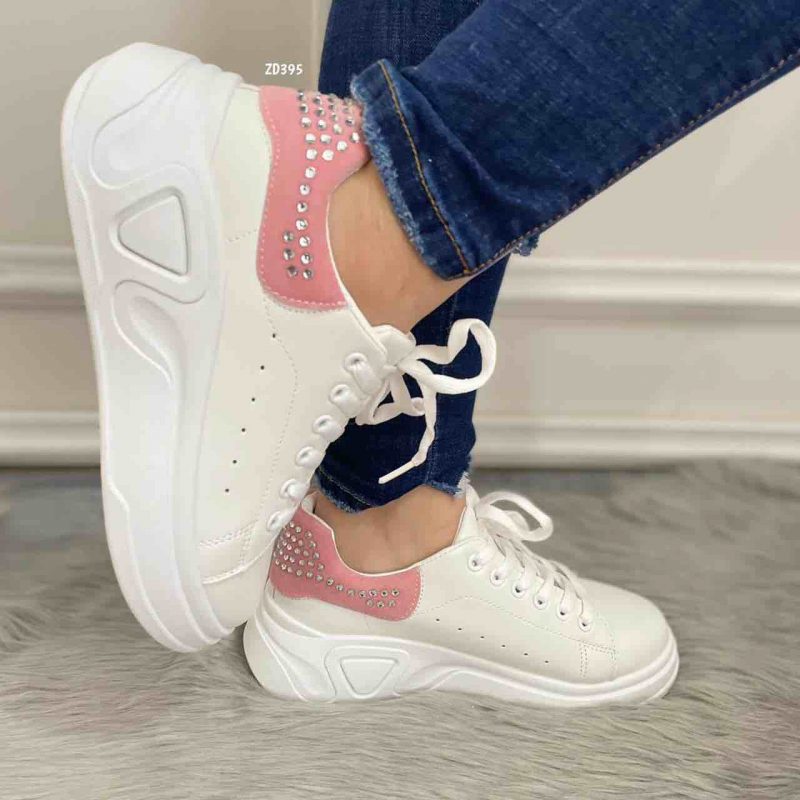 Tenis Compra 4 LA3107 Blanco cordones frontal parte atrás rosada con aplique plateados suela 4Cm - Image 2