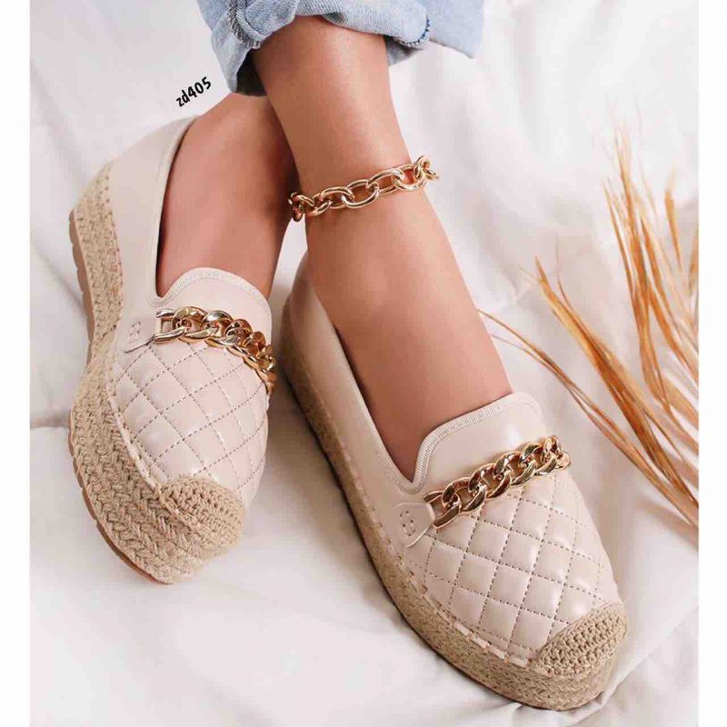 Spadril Compra 7 6693 Beige rombos en la parte frontal  cadena dorada suela yute 4Cm