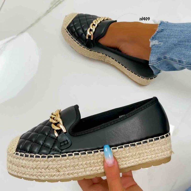 Spadril Compra 7 6693 Negro Rombos Cadena dorada en la parte superior suela en yute 3Cm