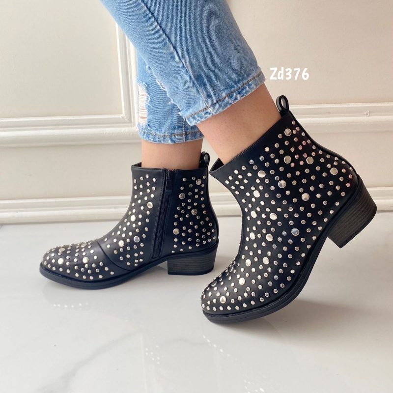 Botin Compra 92 Q631 Negro apliques circulares plateados cierre lateral tacon 4Cm