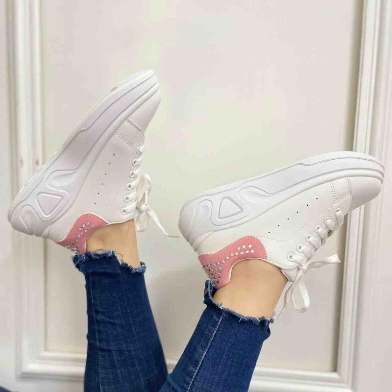 Tenis Compra 4 LA3107 Blanco cordones frontal parte atrás rosada con aplique plateados suela 4Cm