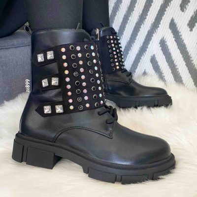 Botin Compra132 C-141 negro con apliques brillantes cordones frontales cierre lateral suela 4cm