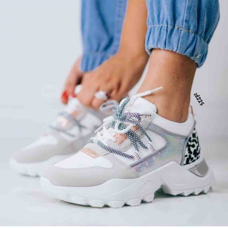 Tenis Compra 93 VIV1038 blanco partes grises croc gris adelante dos cordones parte oro rosa