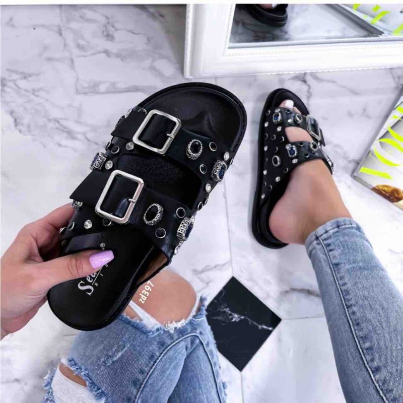Sandalia Compra 5 QS3557 Negra dos correas apliques plateados y negros
