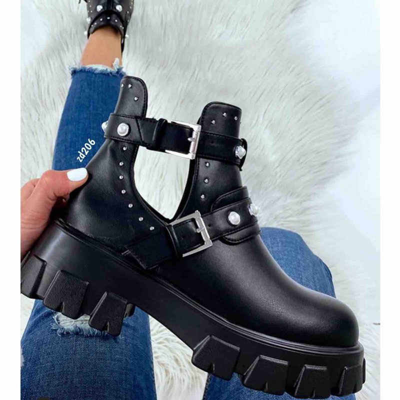 Botin Compra 94 20211-51A Negro dos correas apliques plateados perlas suela media tacon 5Cm - Image 2