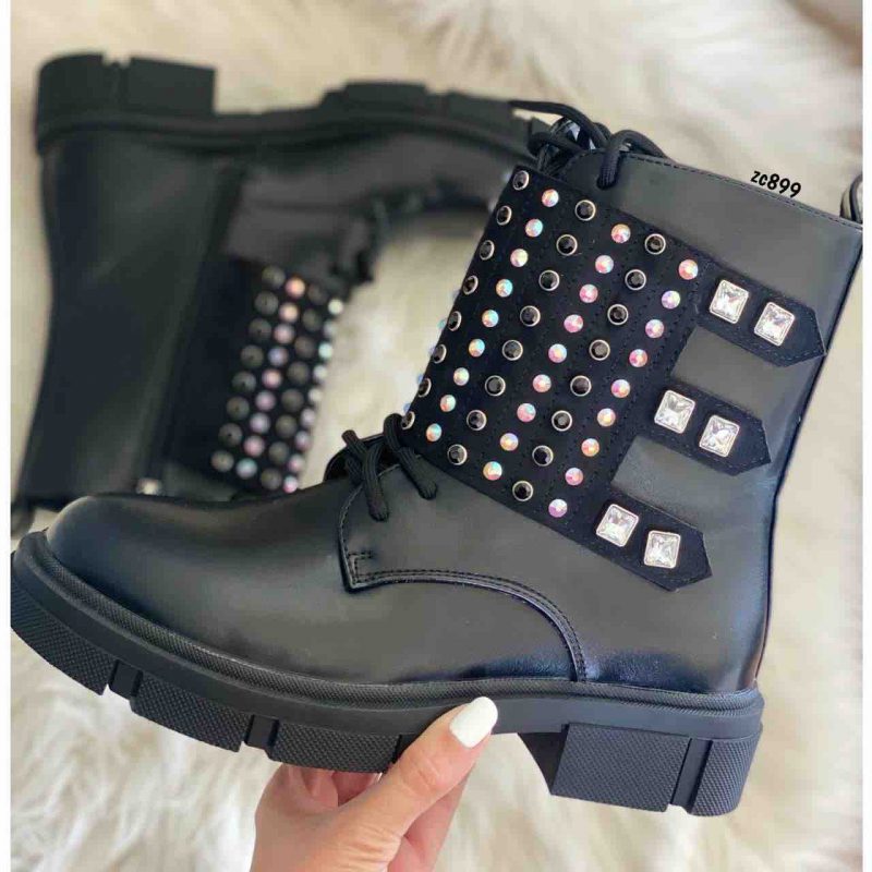 Botin Compra132 C-141 negro con apliques brillantes cordones frontales cierre lateral suela 4cm - Image 2