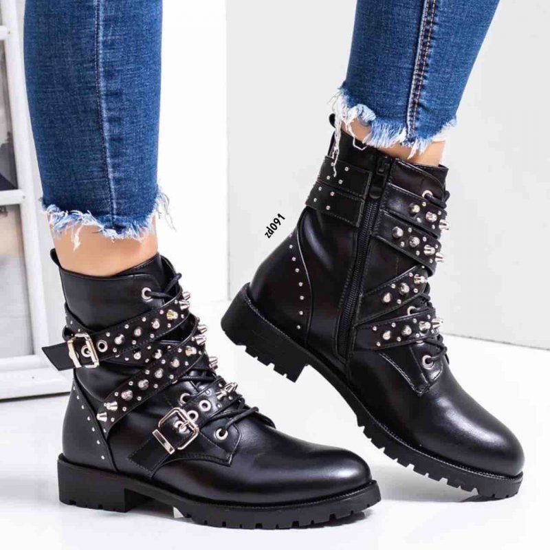 Botin Compra 57 JW82 Negro cuatro correas apliques plateados cordon fronal cierre lateral 3 cm