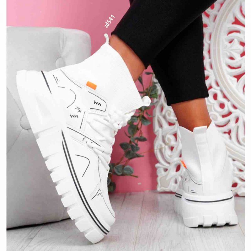 Tenis Compra 59 BO-715 Blanco bota tipo media cordon frontal lineas negras suela 4Cm