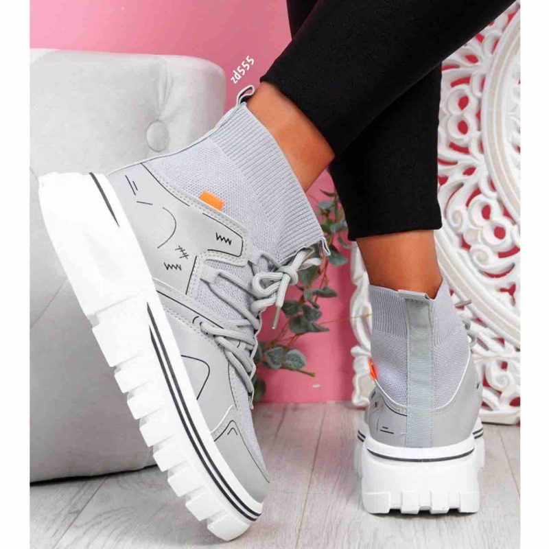 Tenis Compra 59 BO-715 Gris tipo media cordon frontal rayas negras suela 4Cm