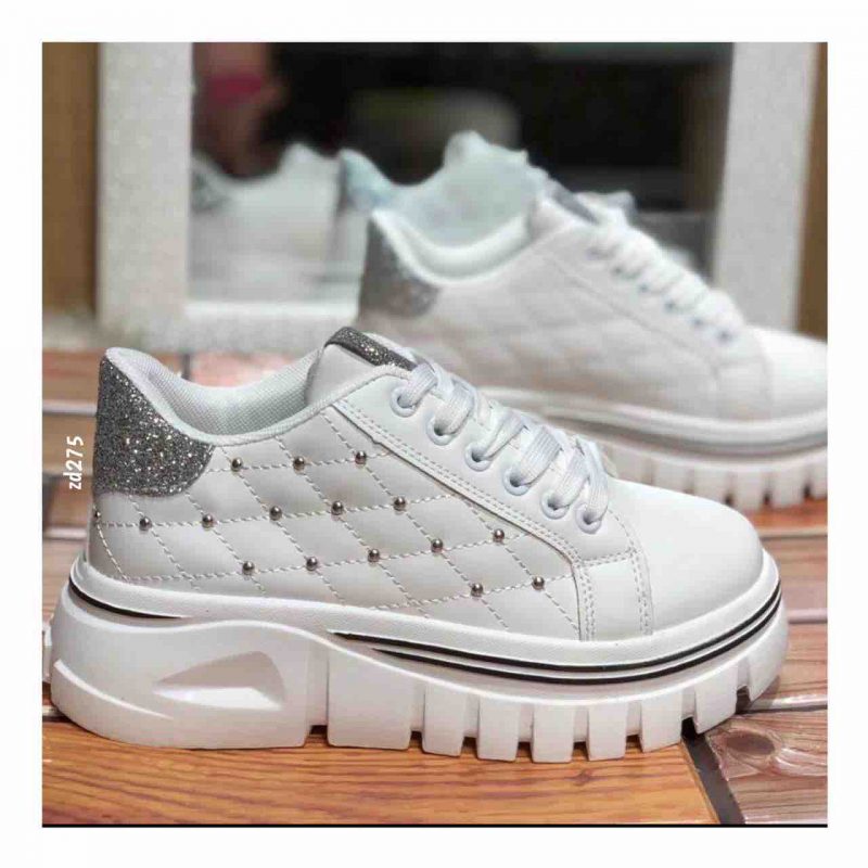 Tenis Compra 58 HF987 Blanco rombos lateral aplique plateado cordon frontal