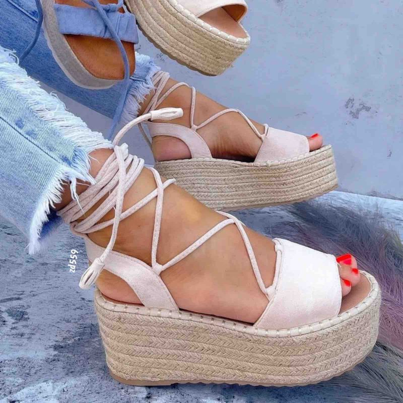 Sandalia Compra 42 6677 Beige Amarradera Plataforma 5Cm Tacon 7Cm