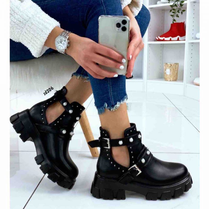 Botin Compra 94 20211-51A Negro dos correas apliques plateados perlas suela media tacon 5Cm
