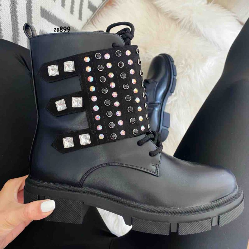Botin Compra132 C-141 negro con apliques brillantes cordones frontales cierre lateral suela 4cm - Image 3