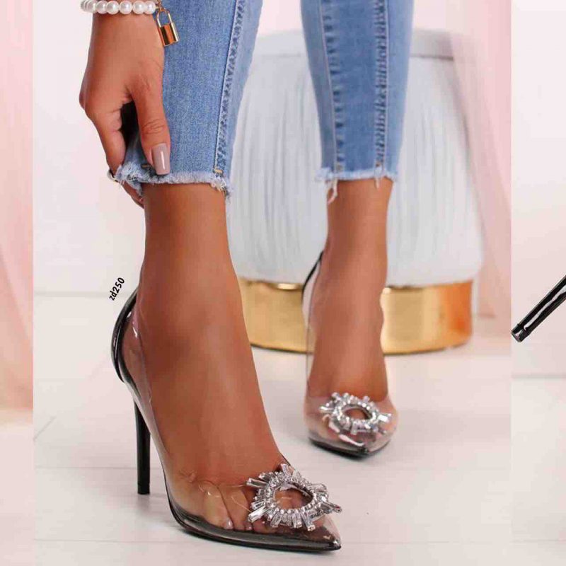 Stiletto Compra 93 YU-063 Negro parte transparente aplique plateado adelante tacon 10Cm