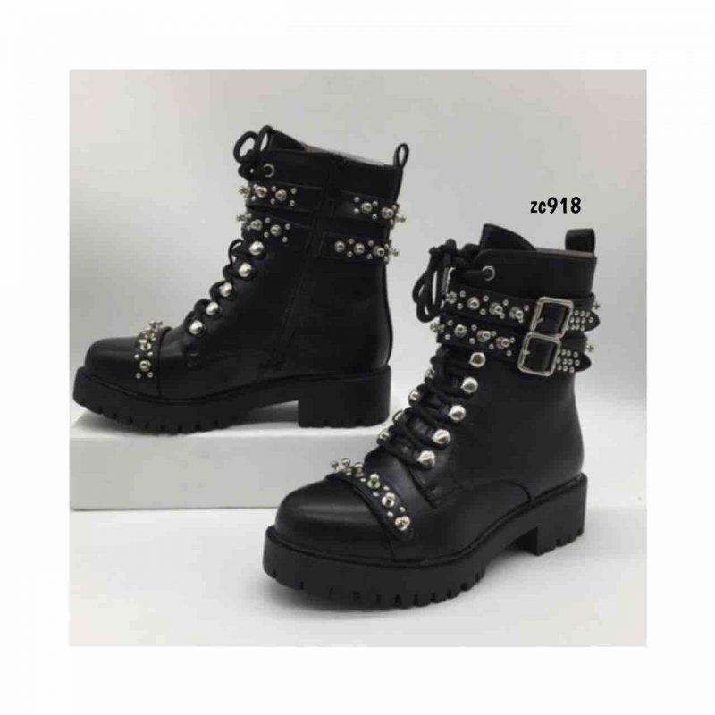 Botin Compra131 S8AX9021-6 negro dos correas con taches una correa en la punta con taches cordones frontales cierre lateral suela 4cm - Image 2