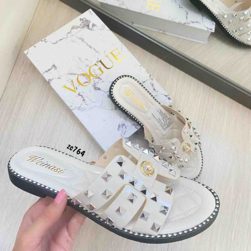 Sandalia Compra 1306 Hueso apliques plateados plana tacon 2