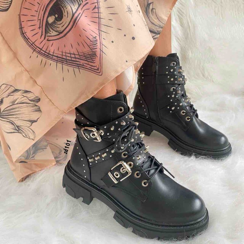 BOTIN COMPRA 55 SM516 NEGRO CUATRO CORREAS APLIQUES PLATEADO CORDON FRONTAL CIERRE LATERAL TACON 4 CM - Image 2