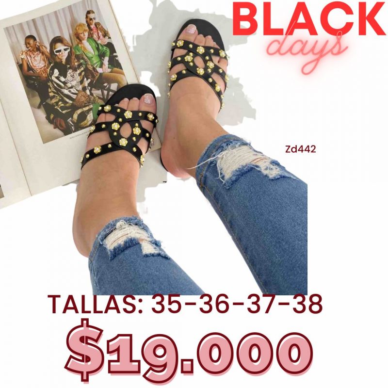 Sandalia Compra 26 2020-20 Negra apliques en flores dorados tacon 1Cm