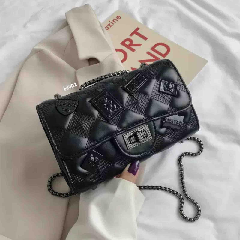 Bolso Compra 35 Negro Rombos chapa cadena plomo apliques negros dibujos oso 21Cm*14Cm
