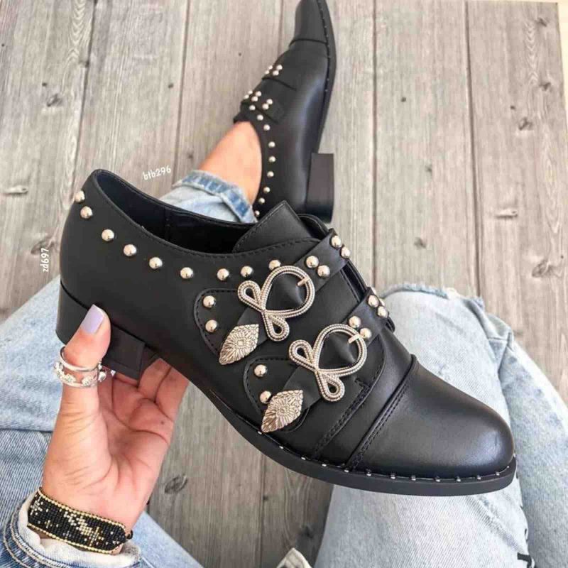Zapato Negro dos correas apliques tacon 3Cm 10 KL-529